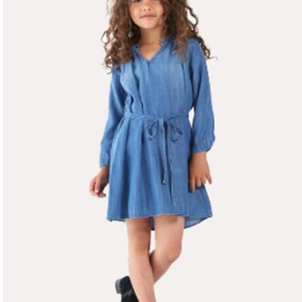 Bella Dahls Girls Ruffle Neck Long Sleeve Dress with Belt in Blue‎ Size 10